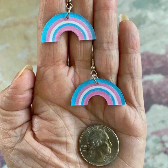 Trans Pride Pink & Blue Rainbow Drop Earrings NEW - Picture 2 of 2